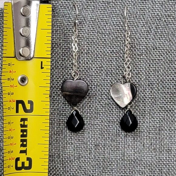 Abalone Heart Earrings Shell Silvertone Dangle Double Chain Black Teardrop Beads - Picture 4 of 5